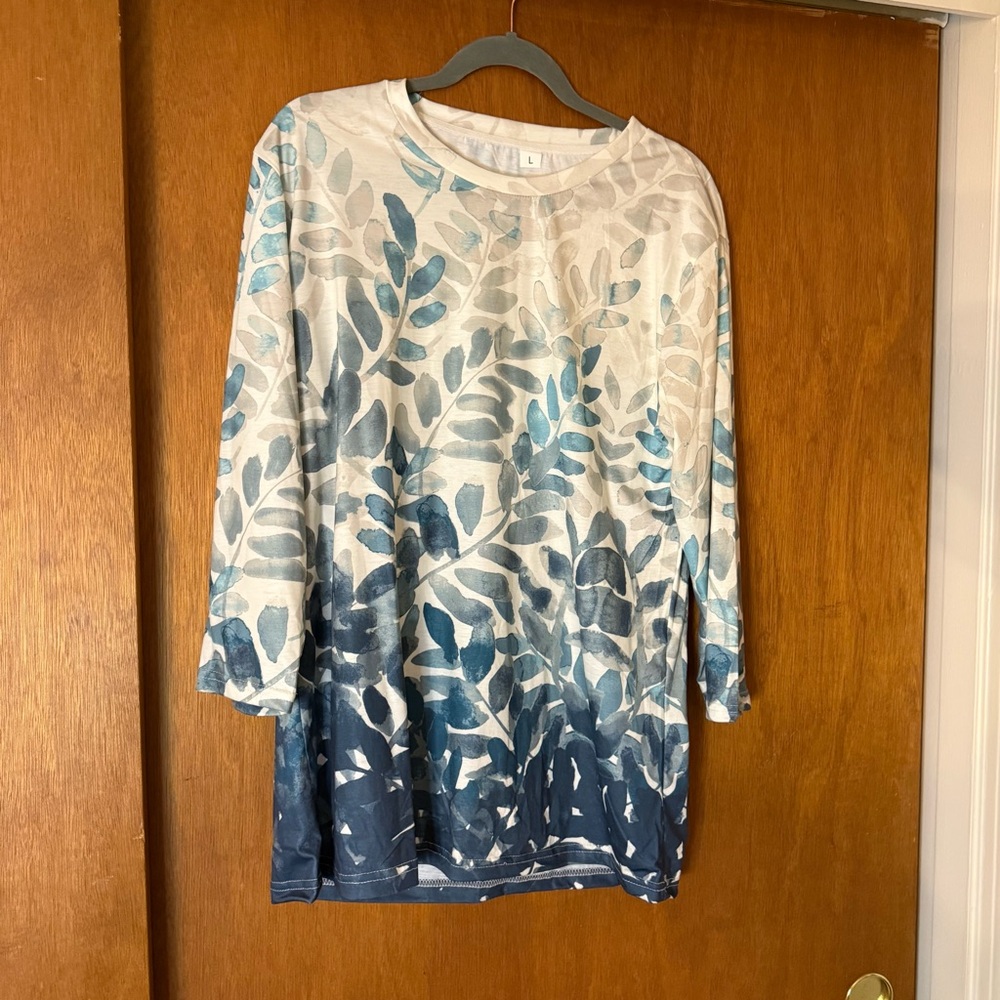 Women’s Large Blue Floral Leaf Print Long Shirt: Nature Gardening summer chic